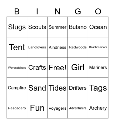 Camp Butano Creek Bingo Card