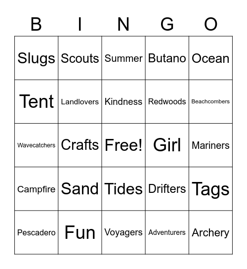 Camp Butano Creek Bingo Card