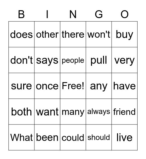 Sight Words Bingo Card