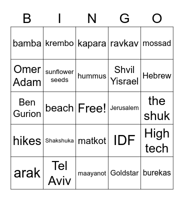 Israel Bingo Card
