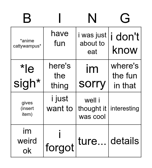 sterly werly Bingo Card