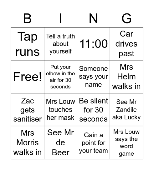 Game day Bingo Card