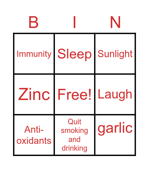 Ways to boost your immunity Bingo Card