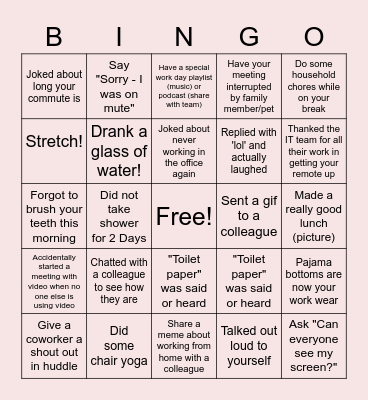 Remote Work Bingo Card