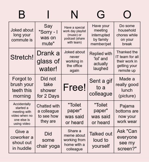 Remote Work Bingo Card