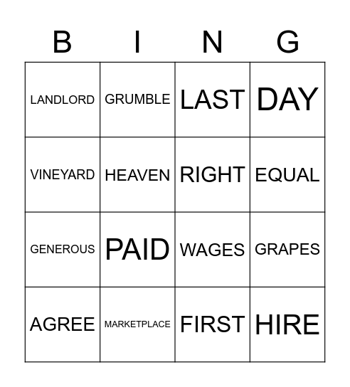 Parable of the Vineyard Workers Bingo Card