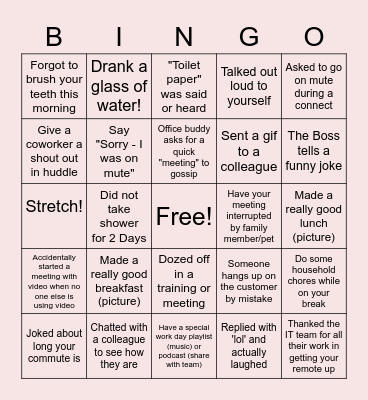 Remote Work Bingo Card