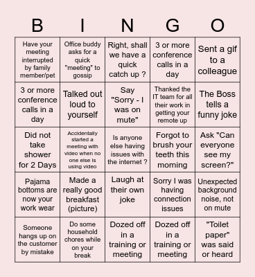 Remote Work Bingo Card