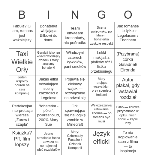 FANFIKI DO ŚRÓDZIEMIA Bingo Card