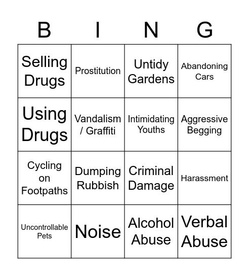 Anti-Social Behaviour Bingo Card