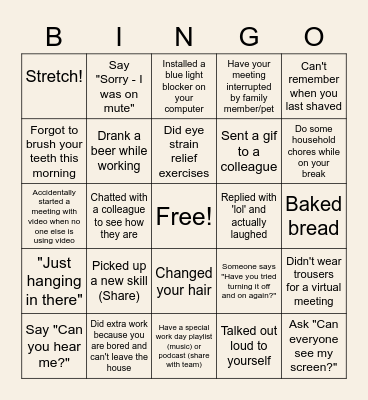 Remote Work Bingo Card