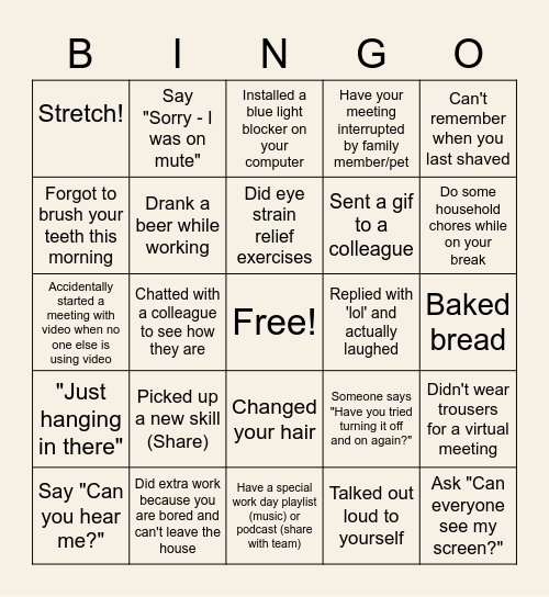 Remote Work Bingo Card