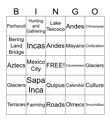 Early Americas  Bingo Card