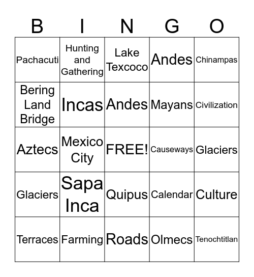 Early Americas  Bingo Card