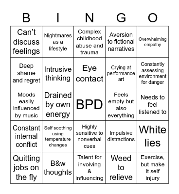 BPD Bingo Card