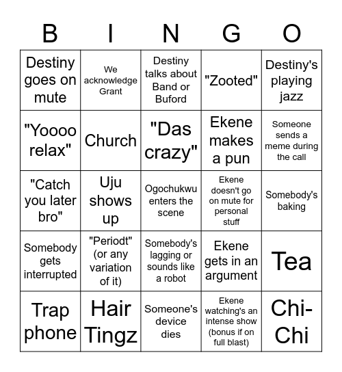 Facetime Bingo Card