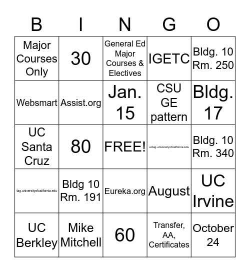 Academic Goals Bingo Card
