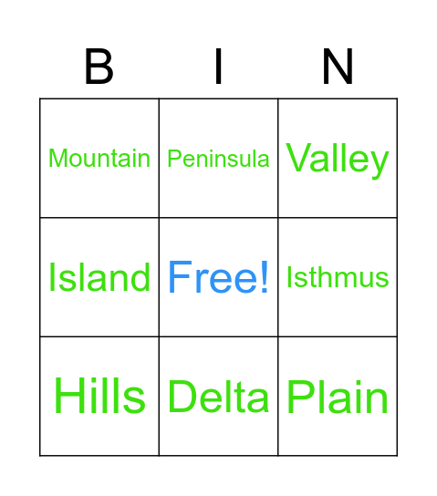 Landforms Bingo Card