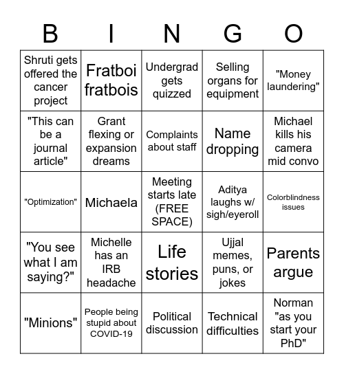 BEAT Lab Bingo, COVID-19 Edition Bingo Card