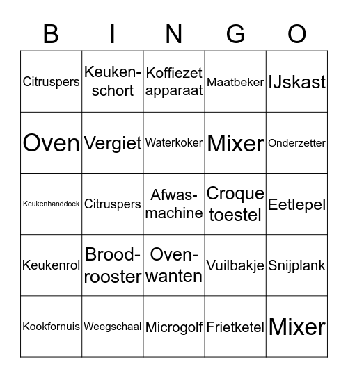 Keukenmaterialen Bingo Card