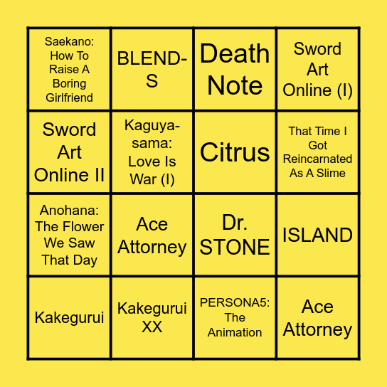 theHighPhil's ANIME BINGO Card