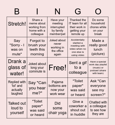 Remote Work Bingo Card