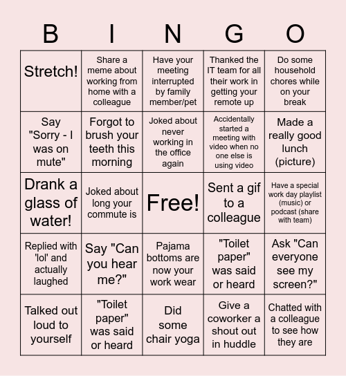Remote Work Bingo Card