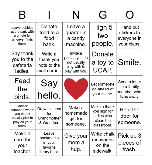 Acts of  Kindness Bingo Card