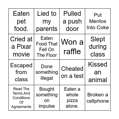 Never Have I Ever Bingo Card