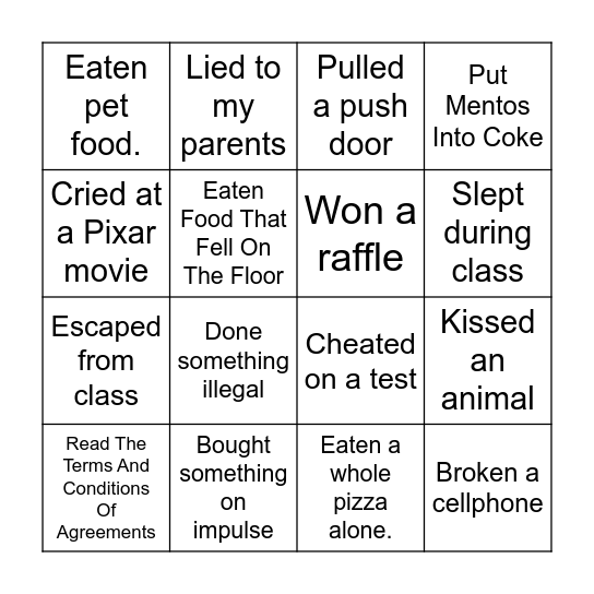Never Have I Ever Bingo Card