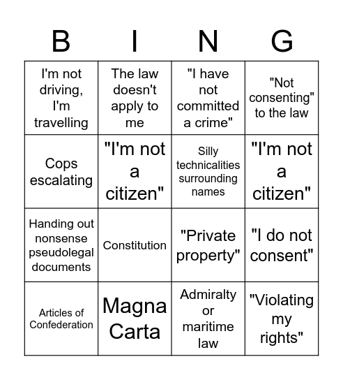 Sovereign Citizen / Freeman on the Land Bingo Card