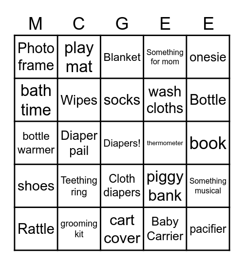 Baby McGee's Gift's Bingo Card