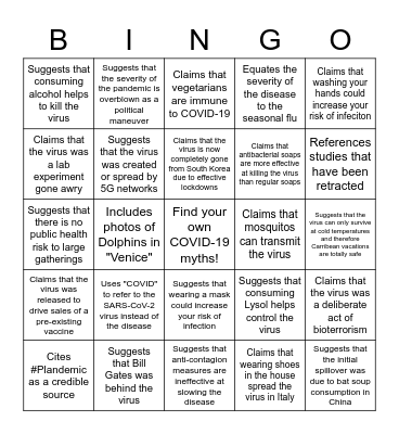 COVID-19 & SARS CoV-2 Fake News BINGO Card