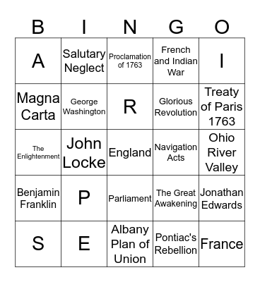 UNIT III: Colonial Unrest Bingo Card