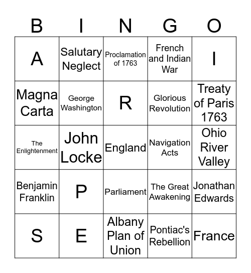 UNIT III: Colonial Unrest Bingo Card