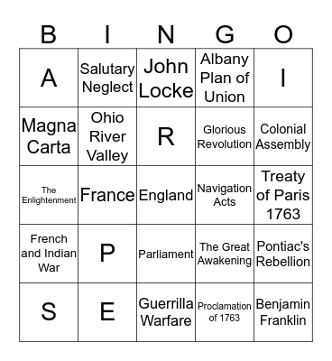 UNIT III: Colonial Unrest Bingo Card