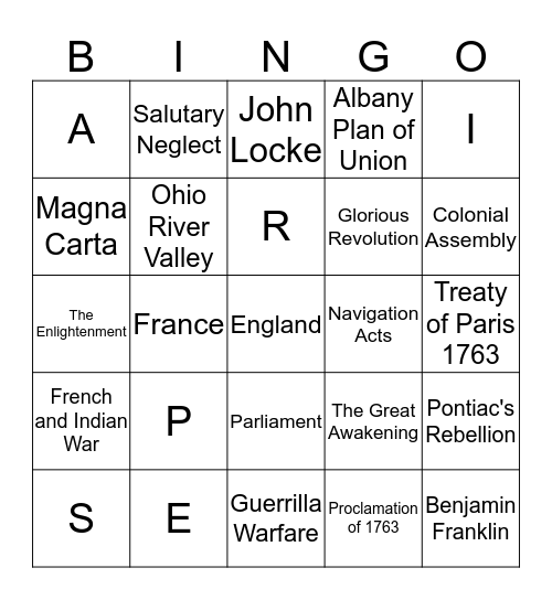 UNIT III: Colonial Unrest Bingo Card