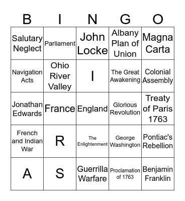 UNIT III: Colonial Unrest Bingo Card