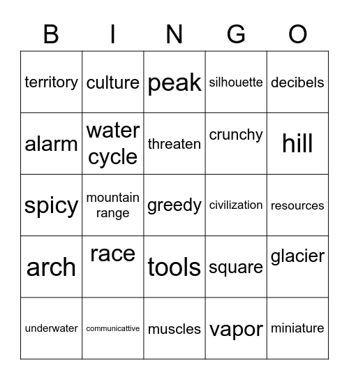 Vocabulary Review Bingo Card