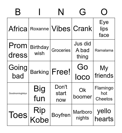 Tik Tok Music Bingo Card