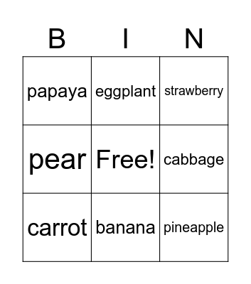 fruits and Vegetables Bingo Card