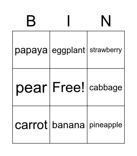 fruits and Vegetables Bingo Card