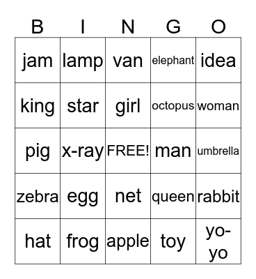 Alphabet Junior Bingo Card