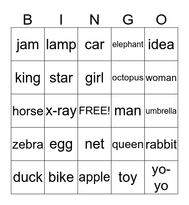 Alphabet Junior Bingo Card