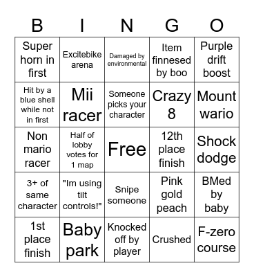 Mario kart 8 Bingo Card