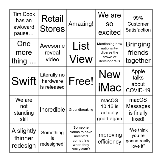 QM Bingo - WWDC 2020 Bingo Card