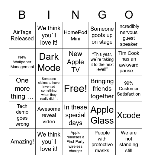 QM Bingo - WWDC 2020 Bingo Card