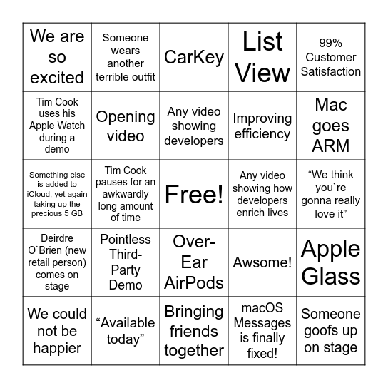 QM Bingo - WWDC 2020 Bingo Card