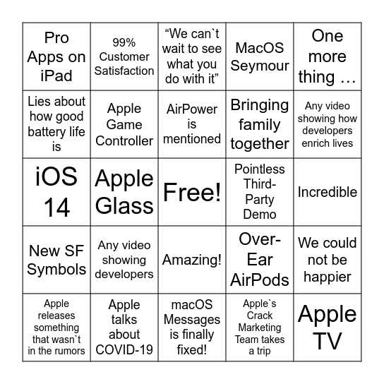 QM Bingo - WWDC 2020 Bingo Card