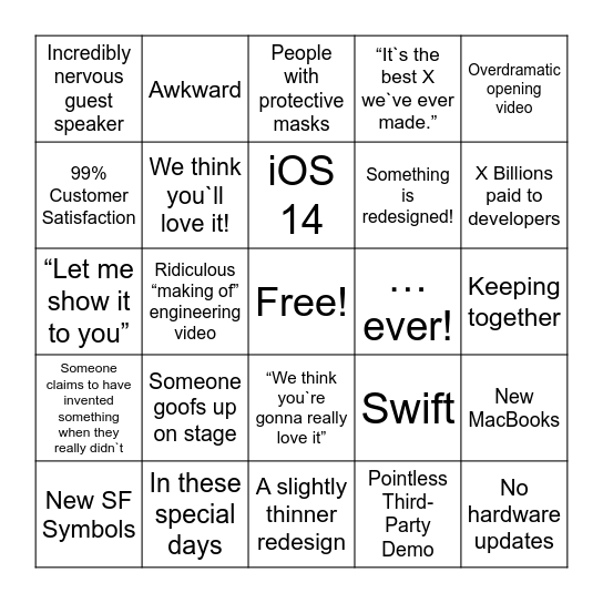 QM Bingo - WWDC 2020 Bingo Card